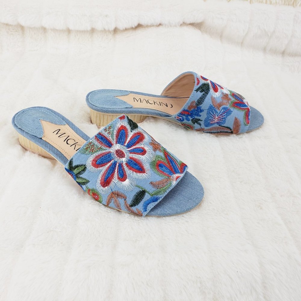 Flower Power Embroidered Denim slip on mule clogs Wood Wrap Heels 70's - Picture 7 of 10